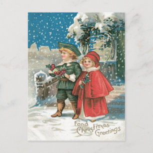 Carte Postale Joli Enfants Holly Cottage Neige
