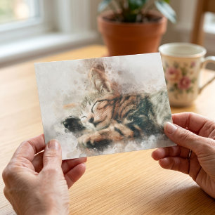 Carte Postale Joli et mignon chaton dormant à l'aquarelle