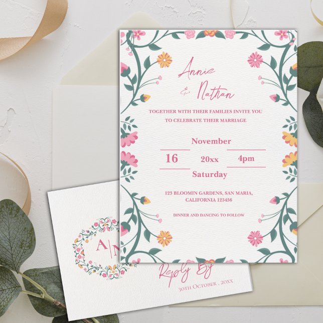 Carte Postale Joli Faire-part de mariage Floral Complet (Pretty Intricate Floral Frame Wedding Invitation Postcard)