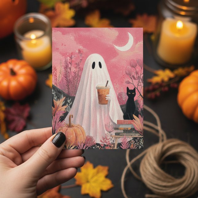 Carte Postale Joli fantôme rose et chat noir (Créateur téléchargé)