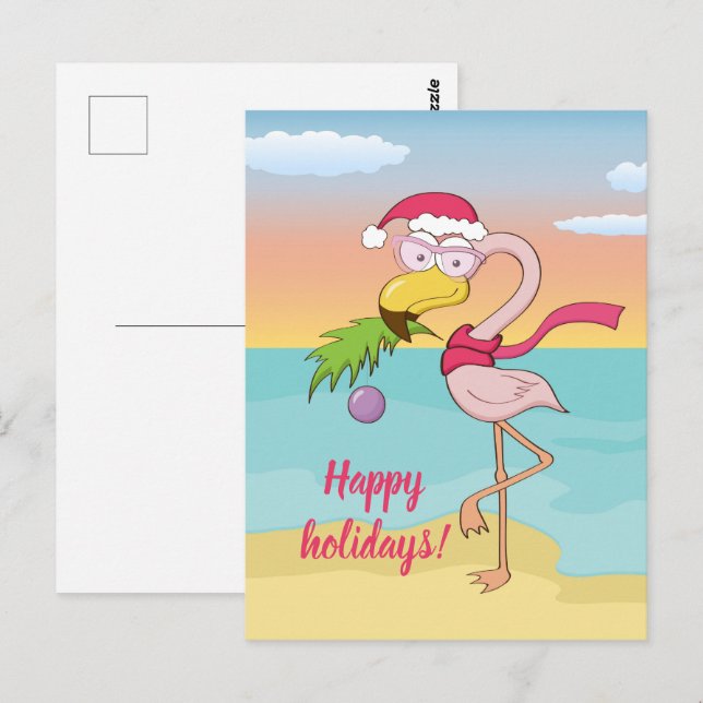 Carte Postale Joli flamant de Noël sur la plage personnalisée (Devant / Derrière)
