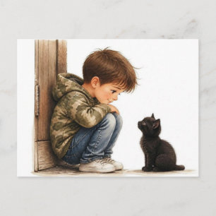 Carte Postale Joli garçon et petit chaton noir