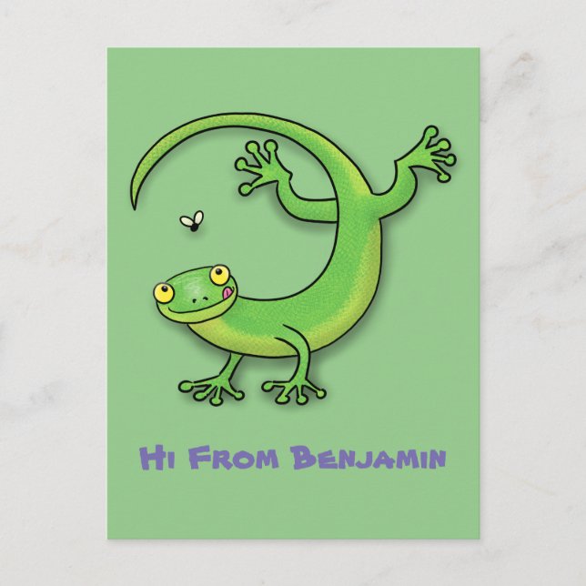 Carte Postale Joli gecko vert salutations avec dessin animé (Devant)