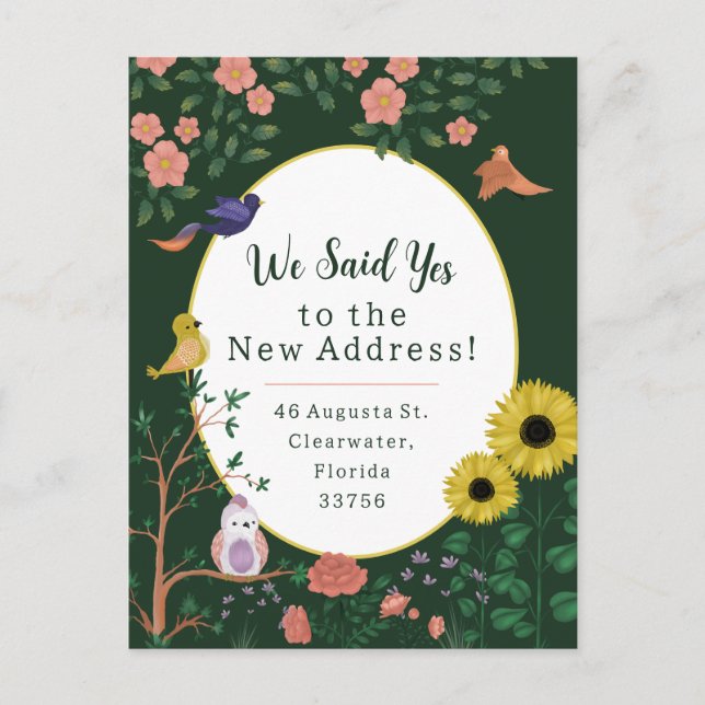 Carte Postale Joli Green Floral Birds New Address Faire-part (Devant)