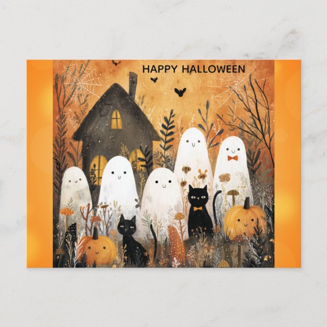 Carte Postale Joli Halloween Fantôme noir Citrouille de chat (Devant)