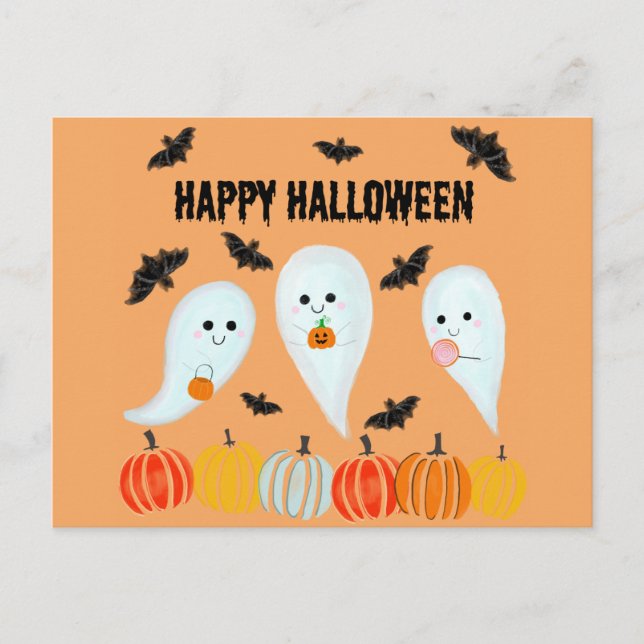 Carte Postale Joli Halloween Ghost Bat Citrouille (Devant)