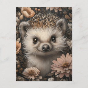 Carte Postale Joli hérisson dans un jardin fleuri