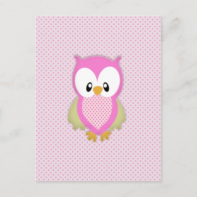 Carte Postale Joli hibou rose pois rose motif impression (Devant)