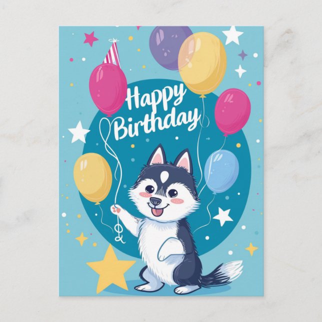 Carte Postale Joli Husky Joyeux Anniversaire  (Devant)