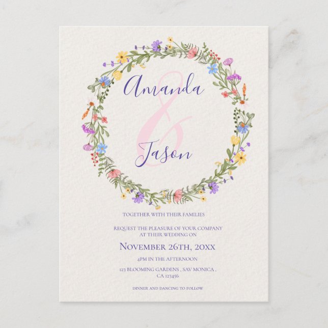 Carte Postale Joli Jaune violet Fleur sauvage Mariage de couronn (Devant)