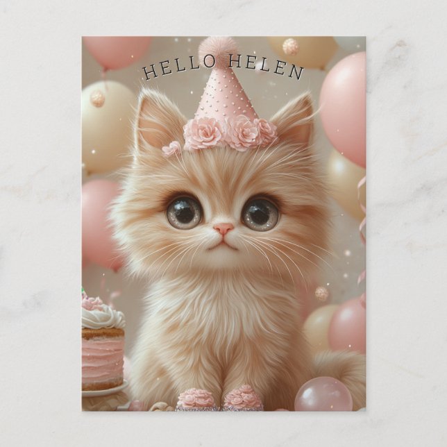 Carte Postale Joli Kitten Anniversaire Casquette Cake Ballons (Devant)