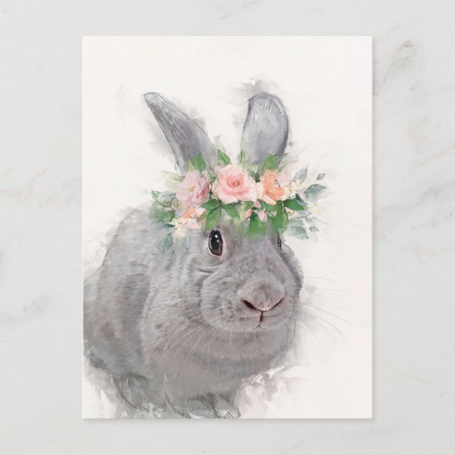Carte Postale Joli lapin avec Portrait Couronne Fleur (Devant)
