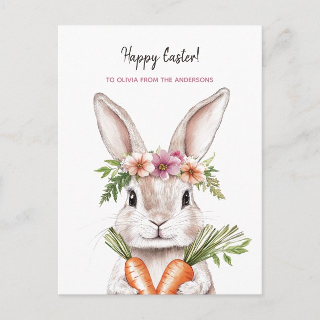 Carte Postale Joli lapin de Pâques aux carottes (Devant)