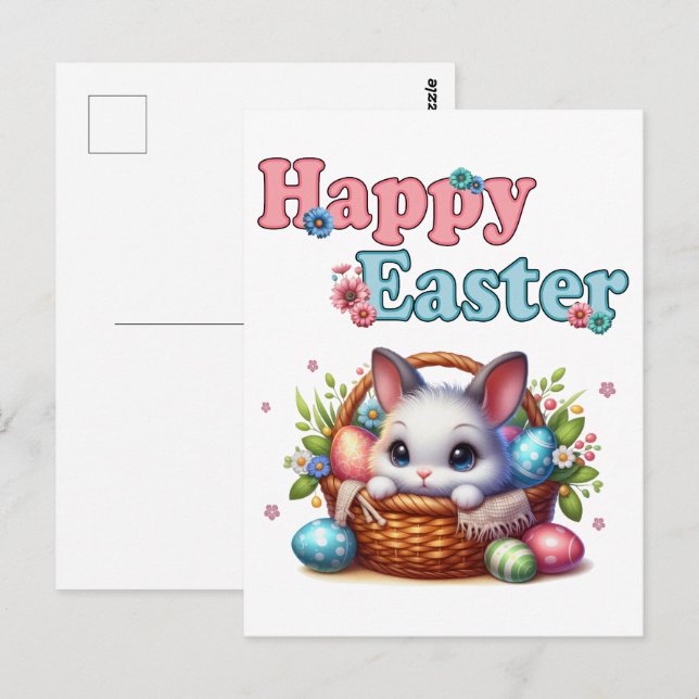 Carte Postale Joli lapin de Pâques en panier avec oeufs et fleur (Devant / Derrière)