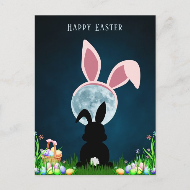 Carte Postale Joli lapin de Pâques et Pleine lune de Pâques heur (Devant)