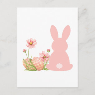 Carte Postale Joli lapin de Pâques rose avec des fleurs printani