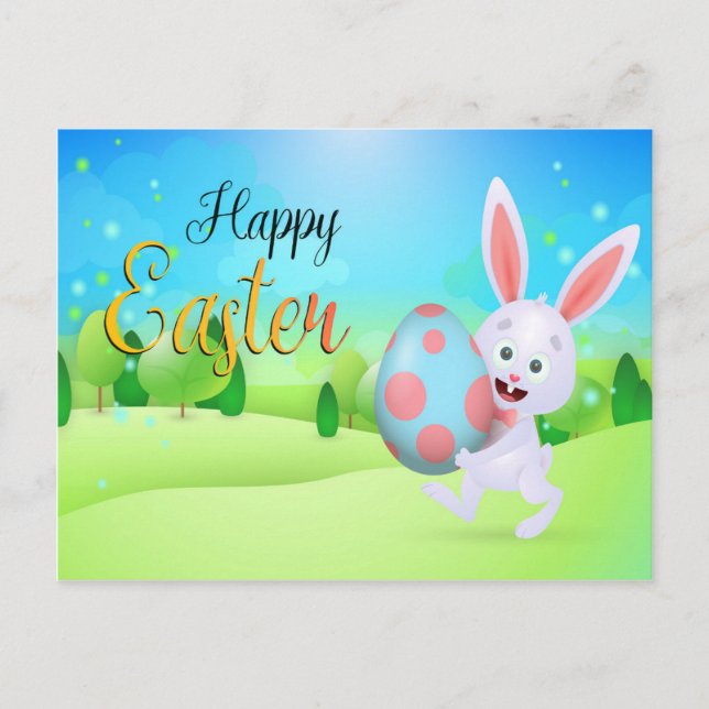 Carte Postale Joli lapin tenant bleu rose oeufs de Pâques vacanc (Devant)