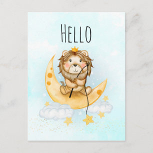 Carte Postale Joli Lion Pêchant sur la Lune Aquarelle Bonjour