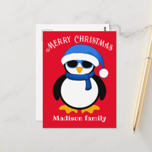 Carte Postale Joli manchot cool Joyeux Noël rouge