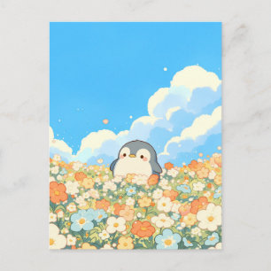 Carte Postale Joli manchot dans une prairie de fleurs orange