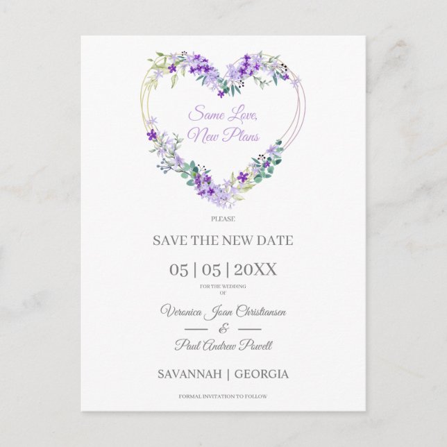 Carte Postale Joli Mariage Floral violet coeur reporté (Devant)