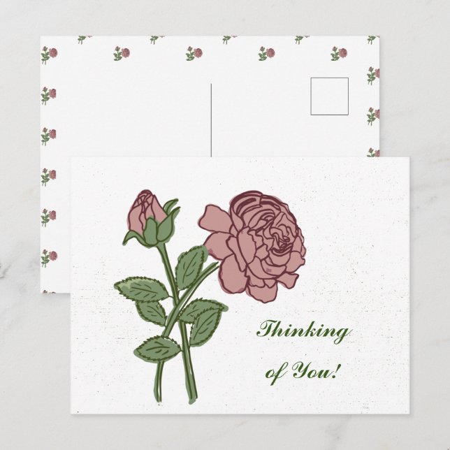 Carte Postale Joli motif floral rose Pensées pour toi !  (Devant / Derrière)