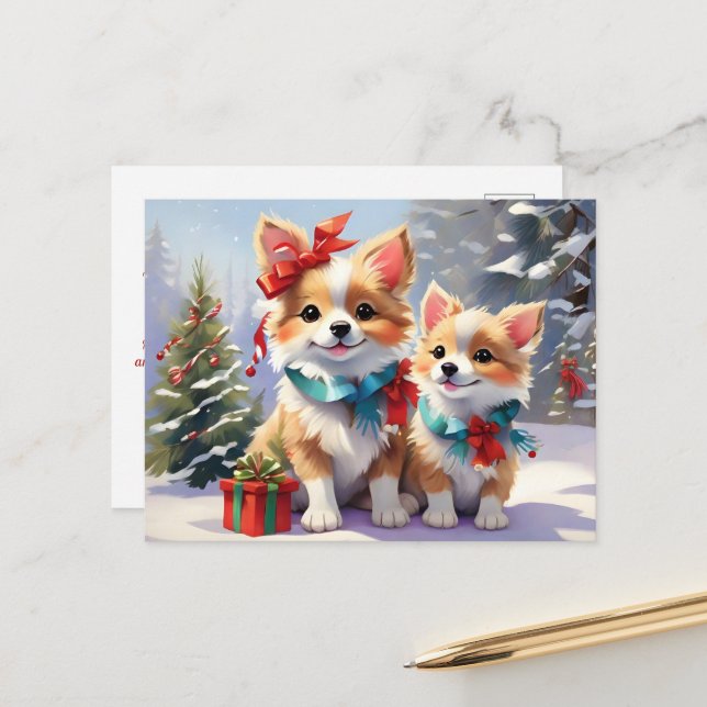 Carte Postale Joli Noël Corgis Fête de Noël (Devant/Arrière en situation)