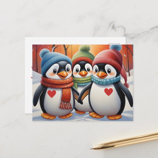 Carte Postale Joli Noël de Pingouins (Devant/Arrière en situation)