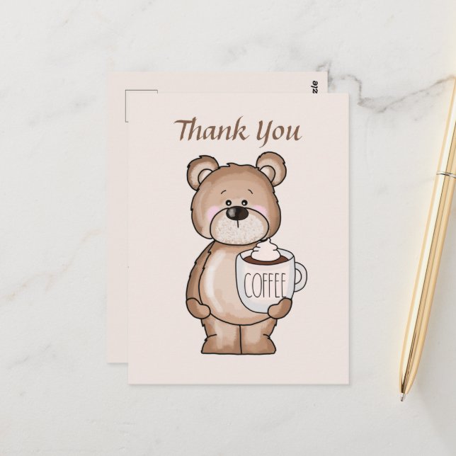Carte Postale Joli ours à café ajoutez texte Merci (Devant/Arrière en situation)