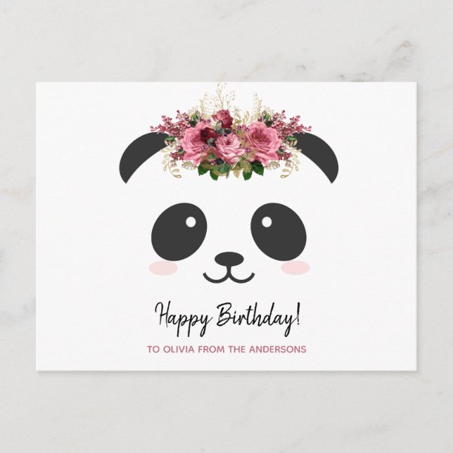Carte Postale Joli panda Joyeux Anniversaire floral rose personn (Devant)