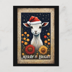 Carte Postale Joli Père Noël bébé chèvre goat enfant Fleurs colo