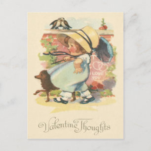 Carte Postale Joli Petit Chien Fille Parapluie Cœur Colombe