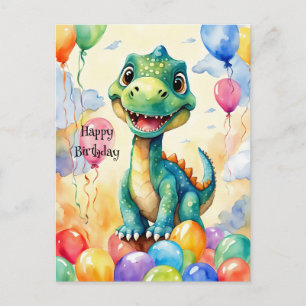Carte Postale Joli petit dinosaure avec beaucoup de ballons colo