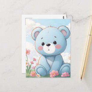 Carte Postale Joli petit ours en peluche bleu dans le jardin