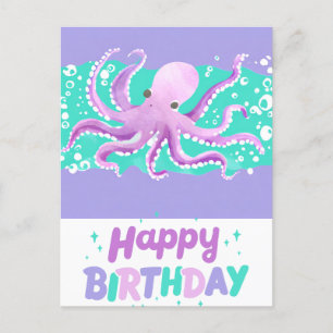 Carte Postale Joli poulpe violet Joyeux anniversaire couleur viv