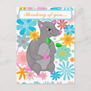 Carte Postale Joli rat fantaisiste fleurs colorées