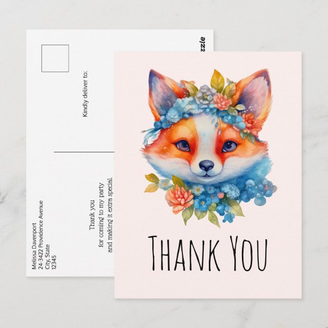 Carte Postale Joli renard orange avec couronne florale Merci (Devant / Derrière)