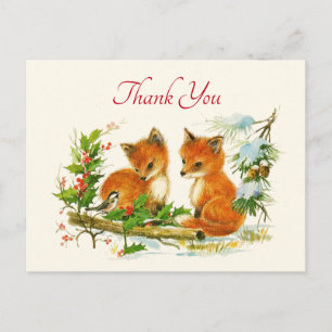 Carte Postale Joli renard Vintage Rétro Scène de Noël Merci