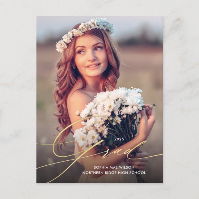Carte Postale Joli Script Gold superposition 1-Photo Graduation (Devant)