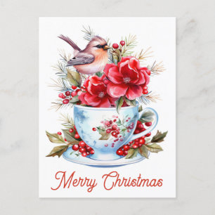 Carte Postale Joli thé de Noël Cardinal Floral Teacup