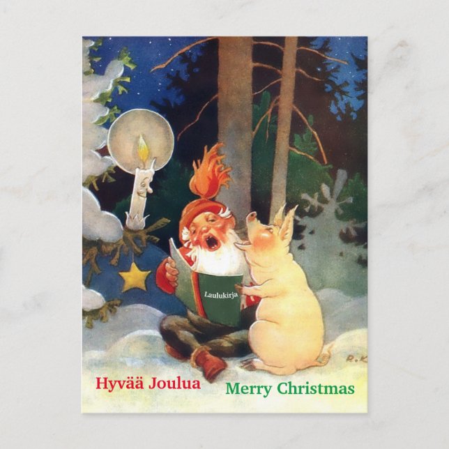 Carte Postale Joli Tomte finlandais ou Haltija Gnome & Cochon Ch (Devant)