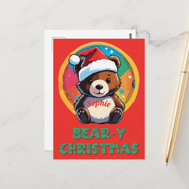 Carte Postale Jolie adorable Kawaii Chibi Ours de Noël (Devant/Arrière en situation)