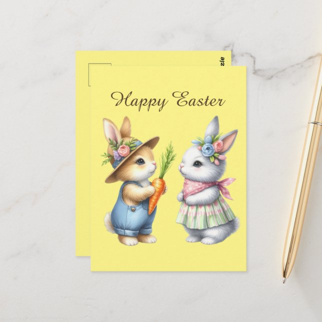 Carte Postale Jolie aquarelle de lapin de Pâques (Devant/Arrière en situation)