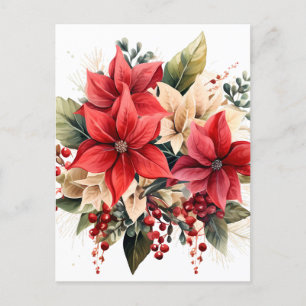 Carte Postale Jolie Aquarelle Rouge Fleurs de Noël Poinsettia