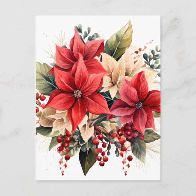 Carte Postale Jolie Aquarelle Rouge Fleurs de Noël Poinsettia (Devant)