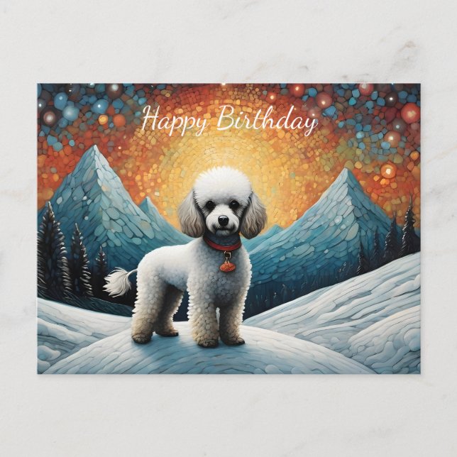 Carte Postale Jolie caniche Snowy Mountain Joyeux anniversaire (Devant)