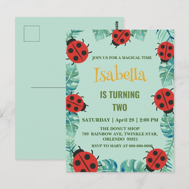 Carte Postale Jolie coccinelle à pois rouges Feuille de jungle A (Devant / Derrière)