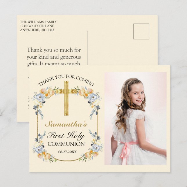 Carte Postale Jolie Communion Solennelle Merci Floral Crème au B (Devant / Derrière)