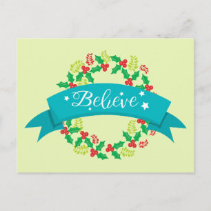 Carte Postale Jolie couronne de Noël Believe verte et rouge