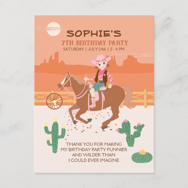 Carte Postale Jolie Cowgirl et cheval fête d'anniversaire (Devant)